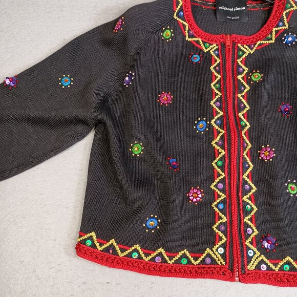 Vintage Michael Simon Women L Christmas Embroidered Full Zip Cardigan Sweater - Picture 13 of 16